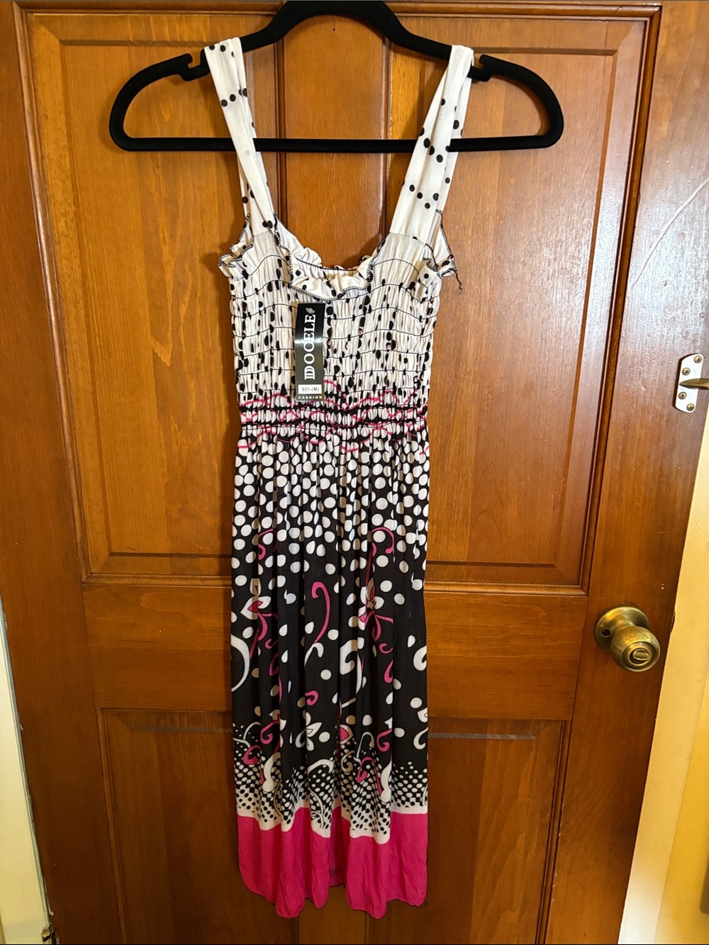 Polka Dot Smocked Midi Dress in Black, White & Pink